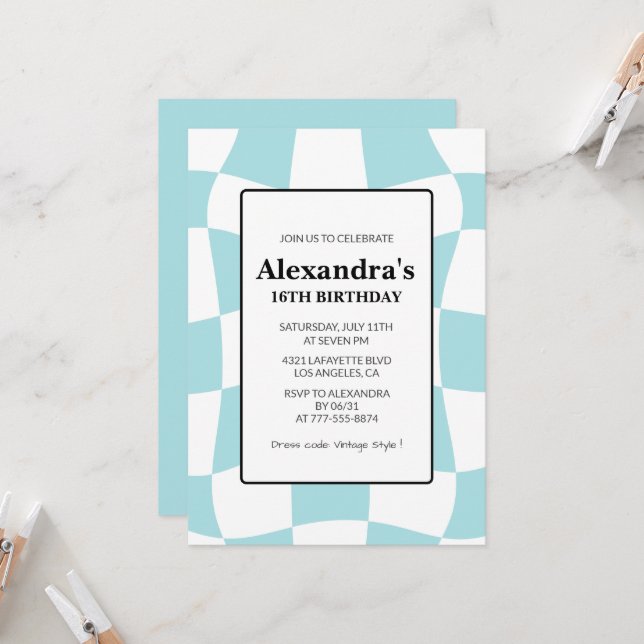 convites de aniversário de 16 anos Xadrez Azul Ret (Frente/Verso In Situ)