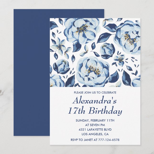 Convites de aniversário de 17 anos elegantes Flora (Frente/Verso)