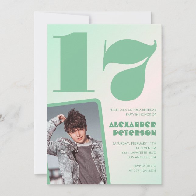 Convites de aniversário de 17 anos gradiente verde (Frente)