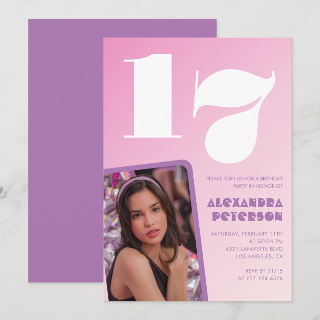 Convites de aniversário de 17 anos rosa Foto retrô (Frente/Verso)