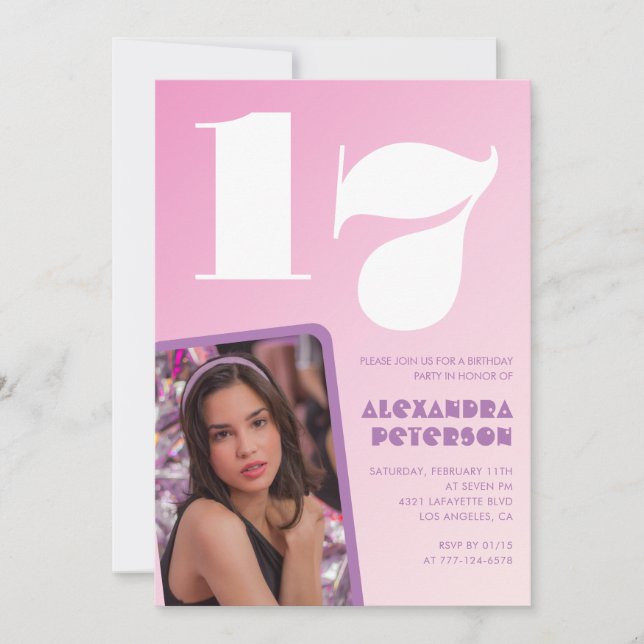 Convites de aniversário de 17 anos rosa Foto retrô (Frente)