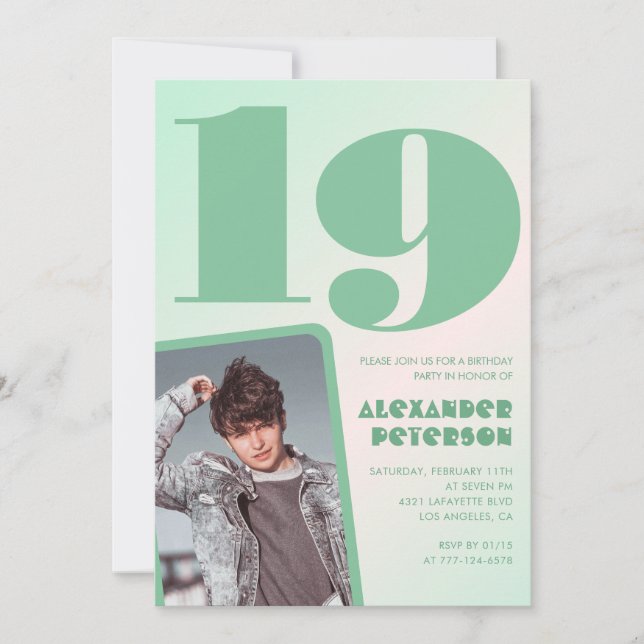 Convites de aniversário de 19 anos gradiente verde (Frente)