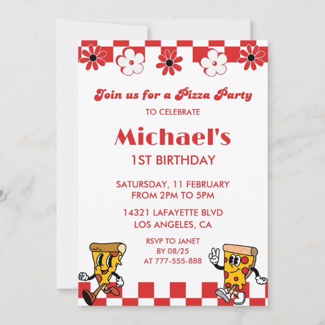 Convites de Aniversário de 1 Ano de Pizza| Festa d (Frente)