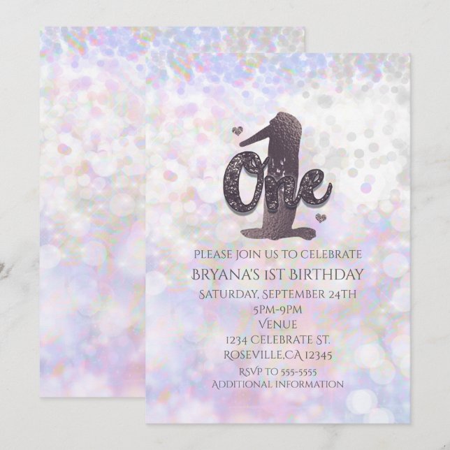 Convites de Aniversário de 1 Ano Iridescent Sparkl (Frente/Verso)