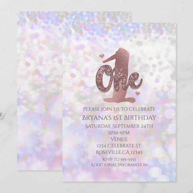 Convites de Aniversário de 1 Ano Iridescent Sparkl (Frente/Verso)