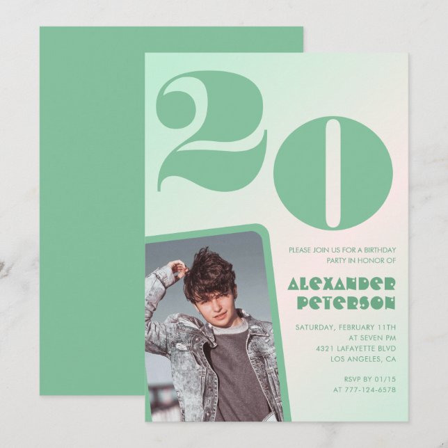 Convites de aniversário de 20 anos com gradiente v (Frente/Verso)