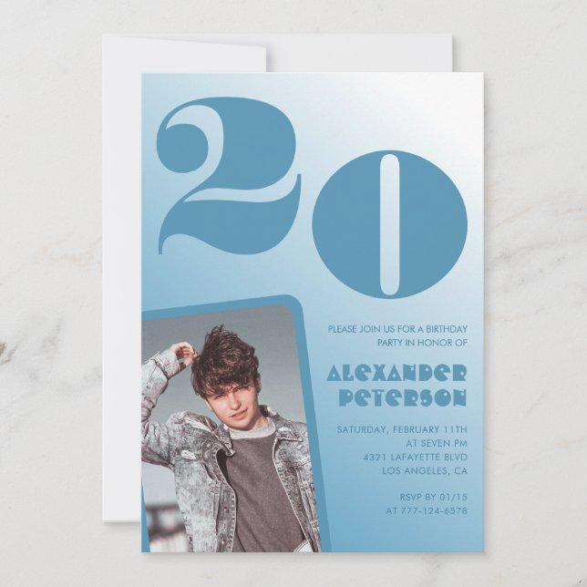 Convites de aniversário de 20 anos gradiente azul  (Frente)