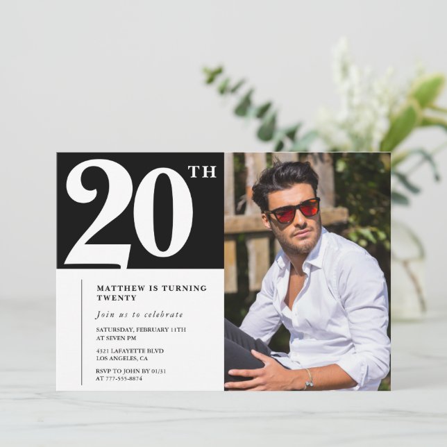 Convites de Aniversário de 20 anos Preto e Branco (Em pé/Frente)