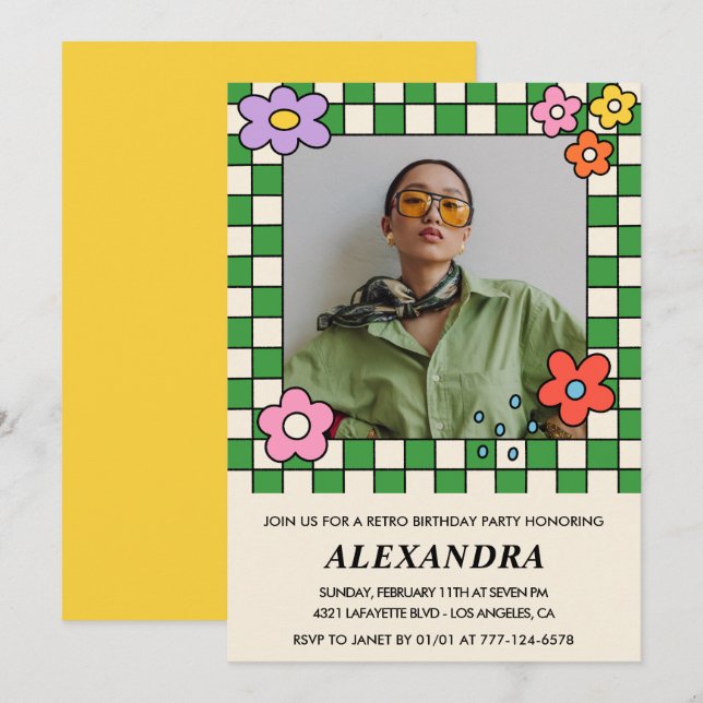 Convites de aniversário de 20 anos retrô Flores Gr (Frente/Verso)