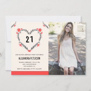 convites de aniversário de 21 anos floral coração