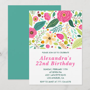 Convites de aniversário de 22 anos Elegantes Flora
