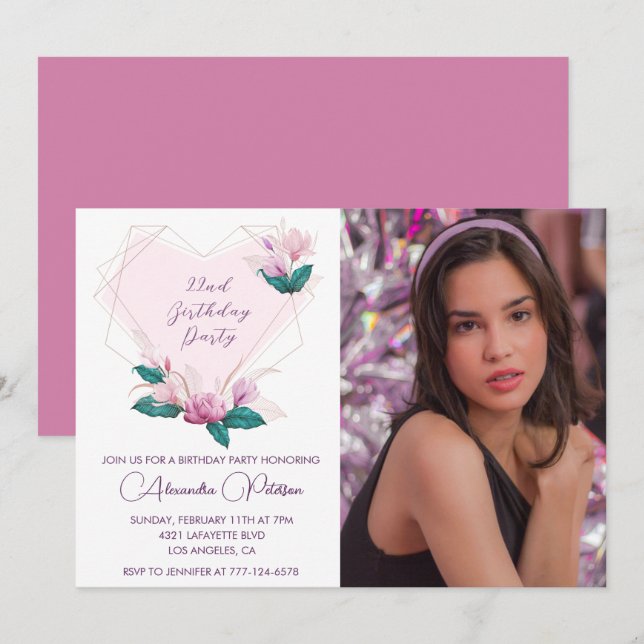 Convites de aniversário de 22 anos elegantes Flora (Frente/Verso)