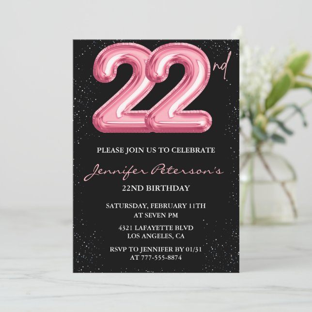 convites de aniversário de 22 anos Pink Balloon Gl (Em pé/Frente)