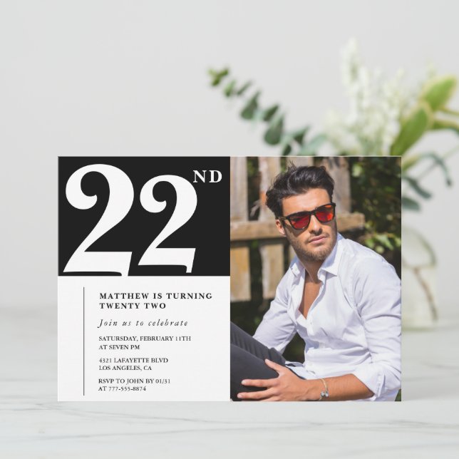 Convites de Aniversário de 22 anos Preto e Branco (Em pé/Frente)