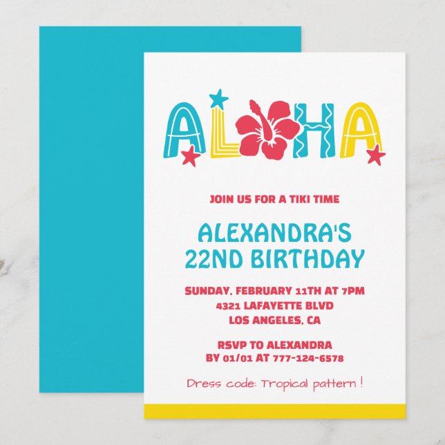 convites de aniversário de 22 anos Tropical Aloha  (Frente/Verso)