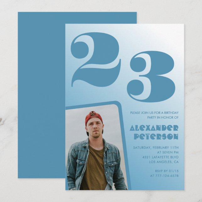Convites de aniversário de 23 anos gradiente azul  (Frente/Verso)