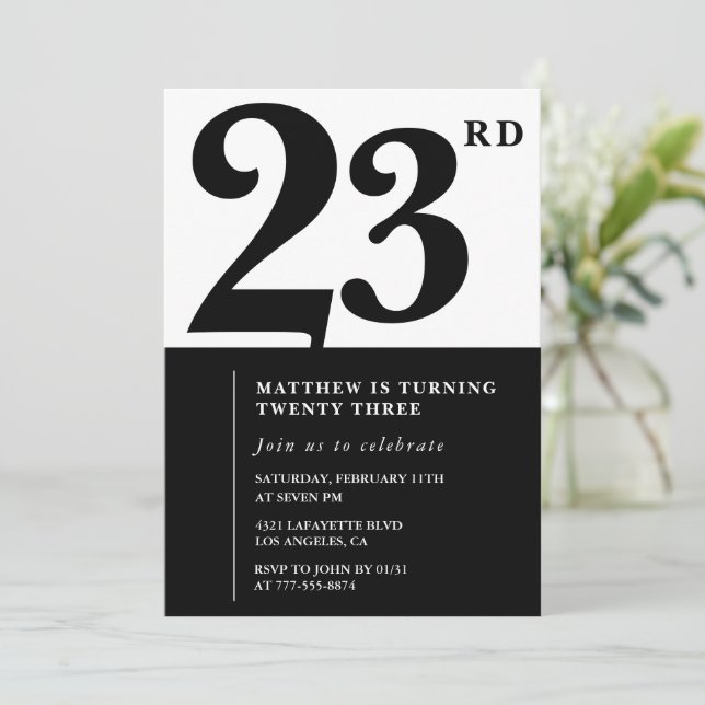 convites de aniversário de 23 anos Preto e Branco  (Em pé/Frente)