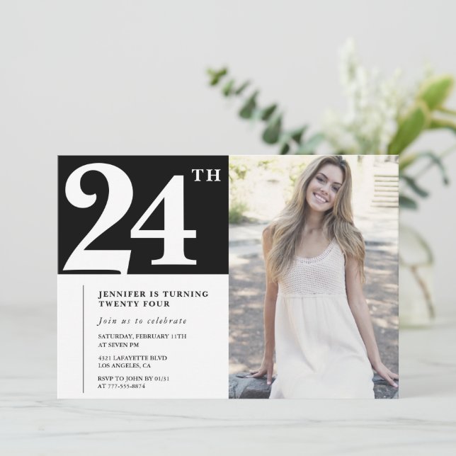 Convites de aniversário de 24 anos com foto Black  (Em pé/Frente)