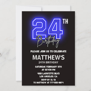 Convites de aniversário de 24 anos Neon Preto Home