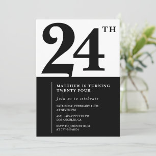 convites de aniversário de 24 anos Preto e Branco 