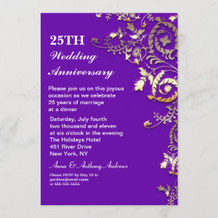 Convites de aniversário de 25 anos roxos elegantes