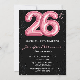 convites de aniversário de 26 anos Balão Rosa Glam