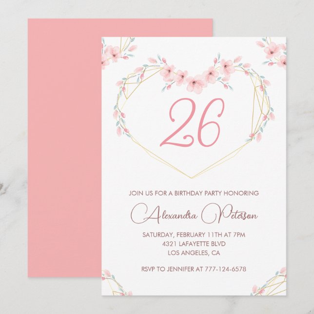 convites de aniversário de 26 anos Boho Floral Ros (Frente/Verso)
