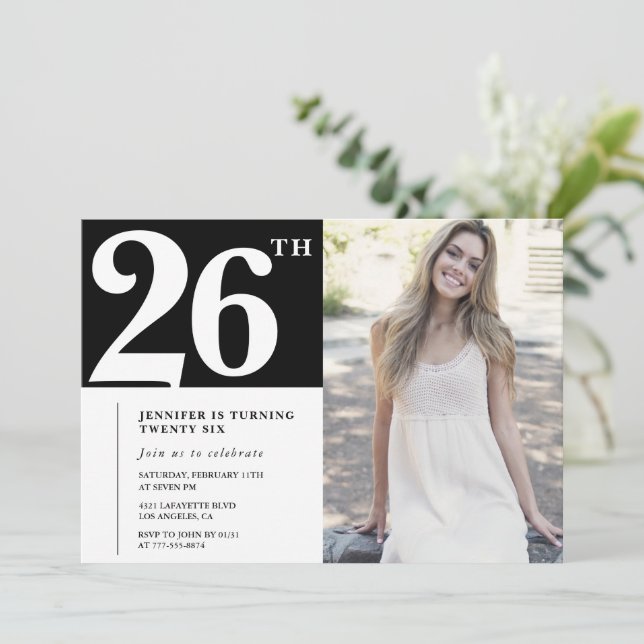 Convites de aniversário de 26 anos com foto Black  (Em pé/Frente)