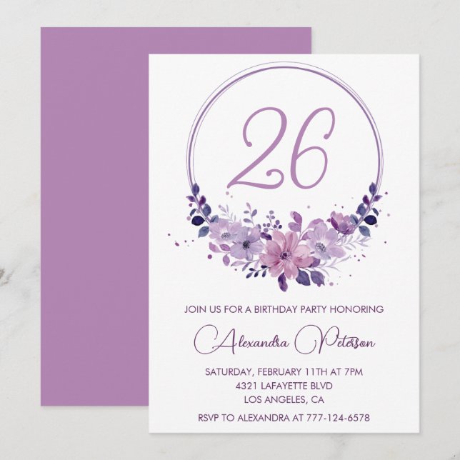 Convites de aniversário de 26 anos elegantes Flora (Frente/Verso)