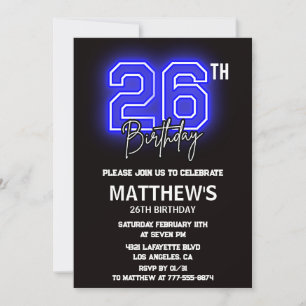 Convites de aniversário de 26 anos Neon Preto Home