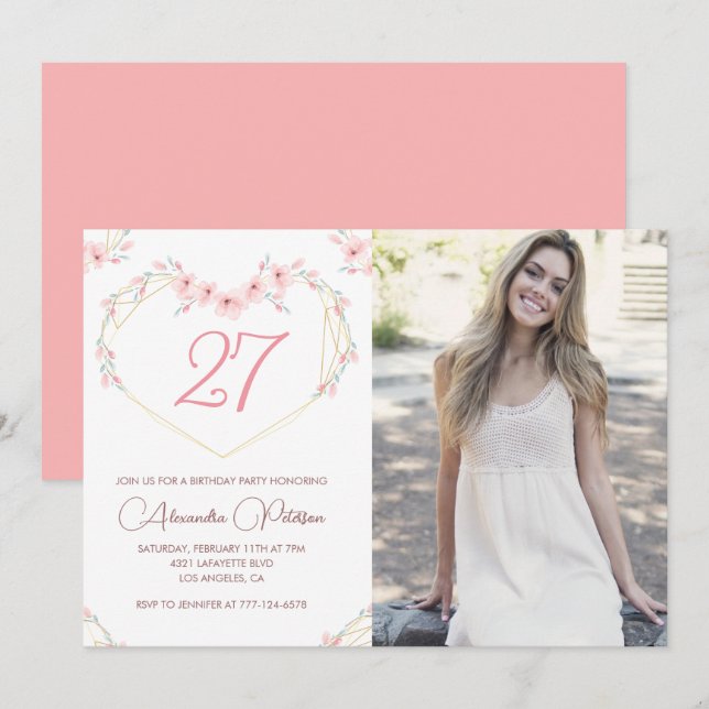 convites de aniversário de 27 anos Boho Floral Fot (Frente/Verso)