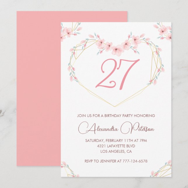 convites de aniversário de 27 anos Boho Floral Ros (Frente/Verso)