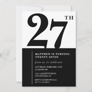convites de aniversário de 27 anos Preto e Branco 