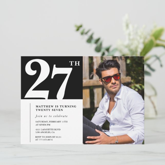 Convites de aniversário de 27 anos Preto e Branco (Em pé/Frente)