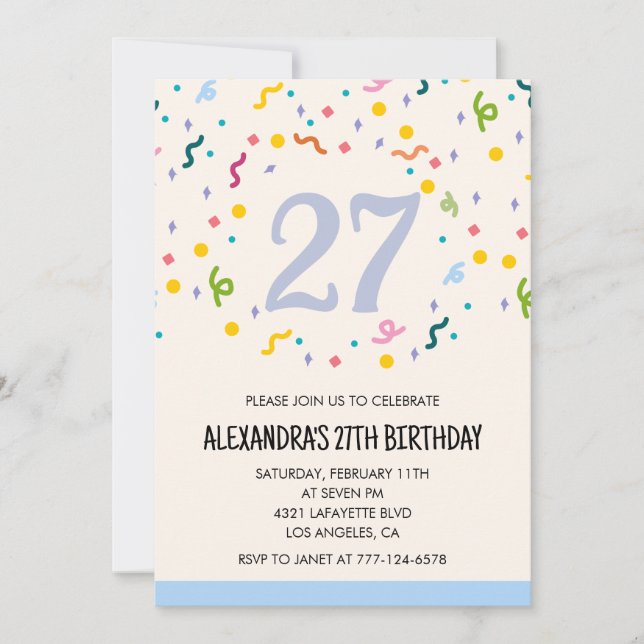 Convites de aniversário de 27 anos simples Confett (Frente)