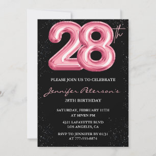 convites de aniversário de 28 anos Balão Rosa Glam