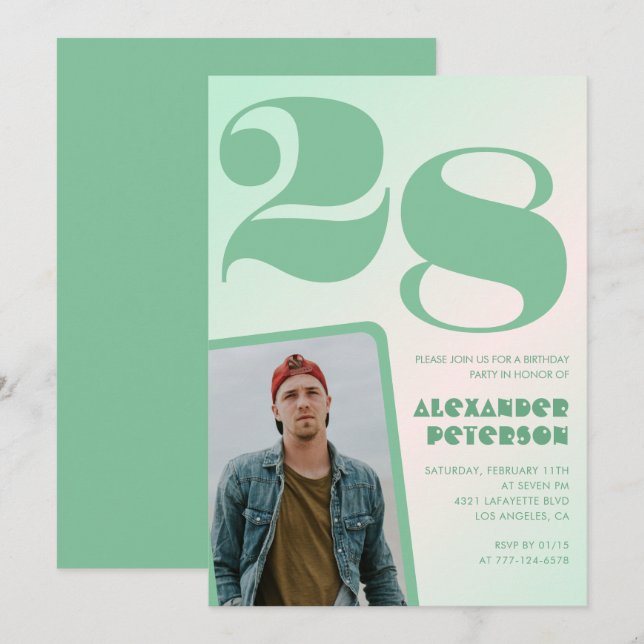 Convites de aniversário de 28 anos gradiente verde (Frente/Verso)