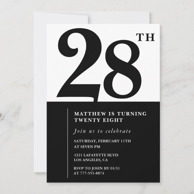 convites de aniversário de 28 anos Preto e Branco  (Frente)