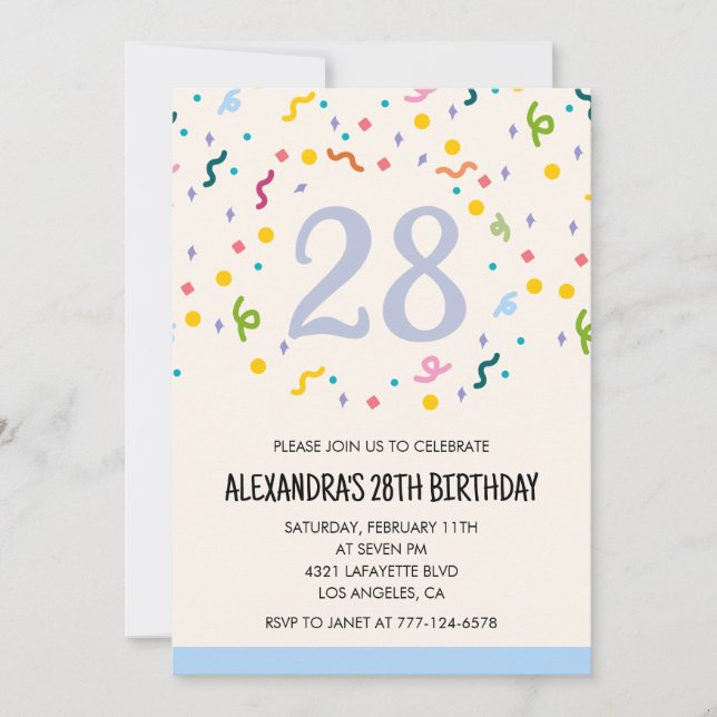 Convites de aniversário de 28 anos simples Confett (Frente)