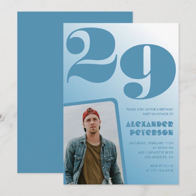 Convites de aniversário de 29 anos gradiente azul  (Frente/Verso)