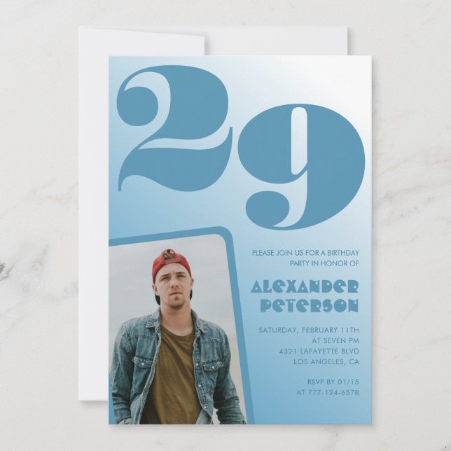 Convites de aniversário de 29 anos gradiente azul  (Frente)