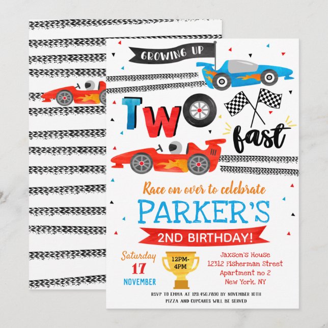  Convites de Aniversário de 2 anos de Carro de Cor (Frente/Verso)