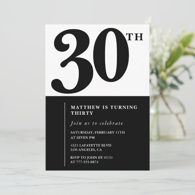 convites de aniversário de 30 anos Preto e Branco  (Em pé/Frente)
