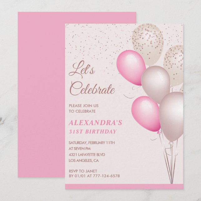 convites de aniversário de 31 anos Balões Rosa Con (Frente/Verso)