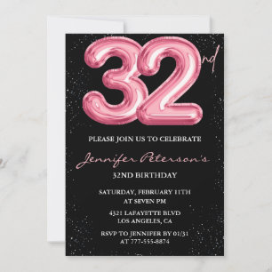 convites de aniversário de 32 anos Balão Rosa Glam