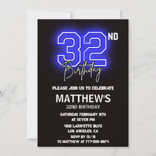 Convites de aniversário de 32 anos Neon Preto Home