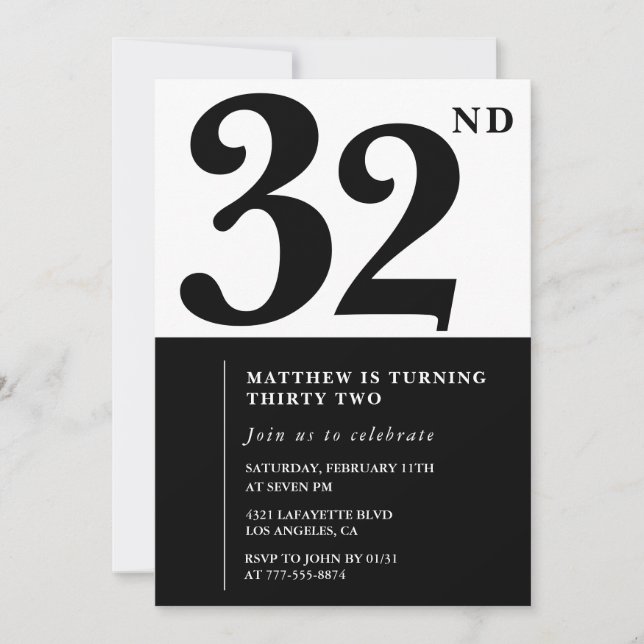 convites de aniversário de 32 anos Preto e Branco  (Frente)