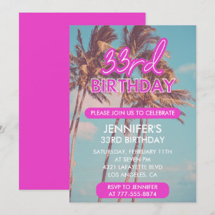 convites de aniversário de 33 anos rosa neon glow