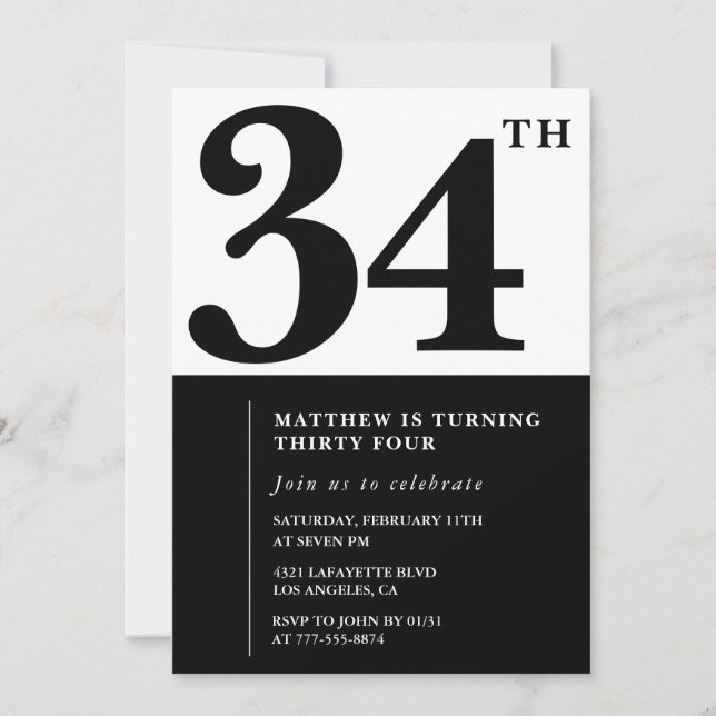 convites de aniversário de 34 anos Preto e Branco  (Frente)