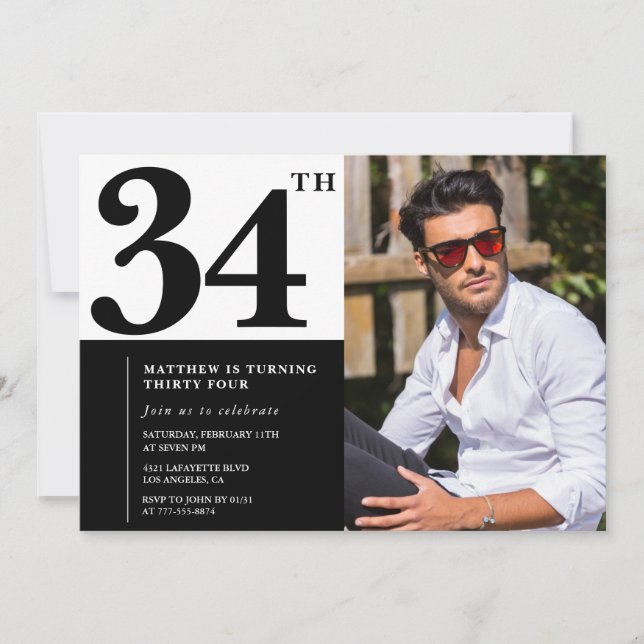 Convites de Aniversário de 34 Anos Preto e Branco  (Frente)